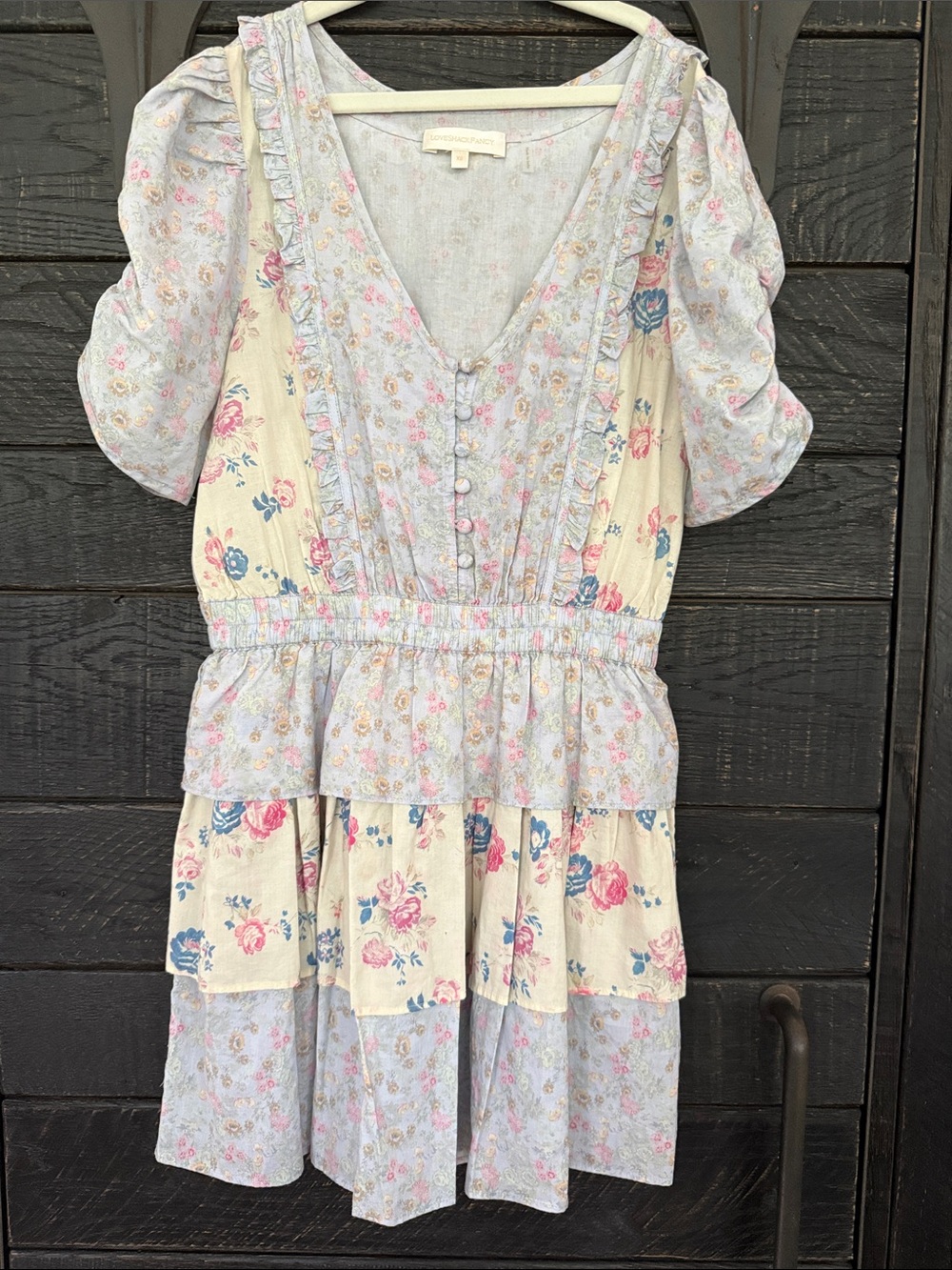 LoveShackFancy Pastel Floral Tiered Mini Dress in Cream, Light Blue, Pink